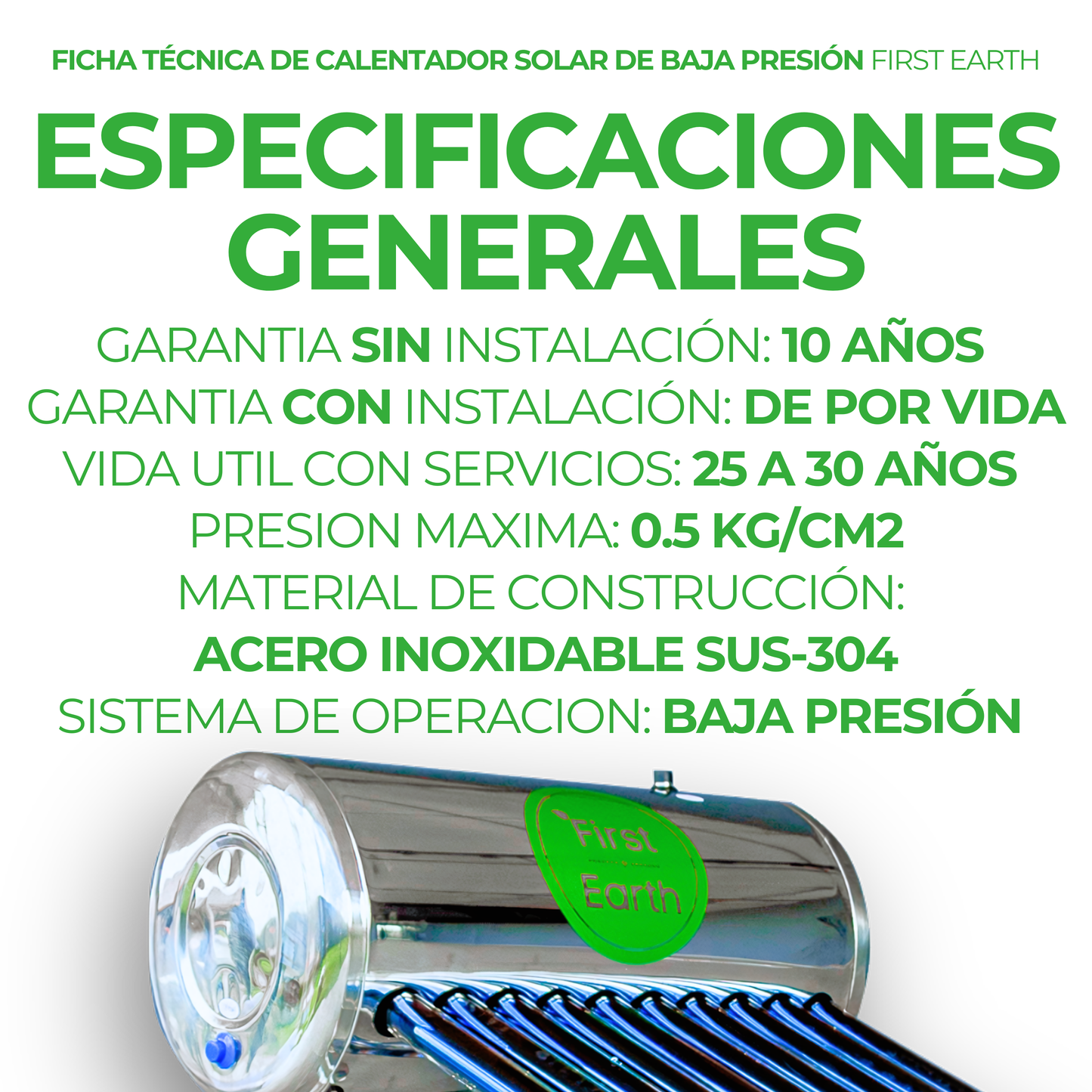 First Earth Calentador Solar 225 L Baja Presión (18 tubos) — Agua caliente para hogares