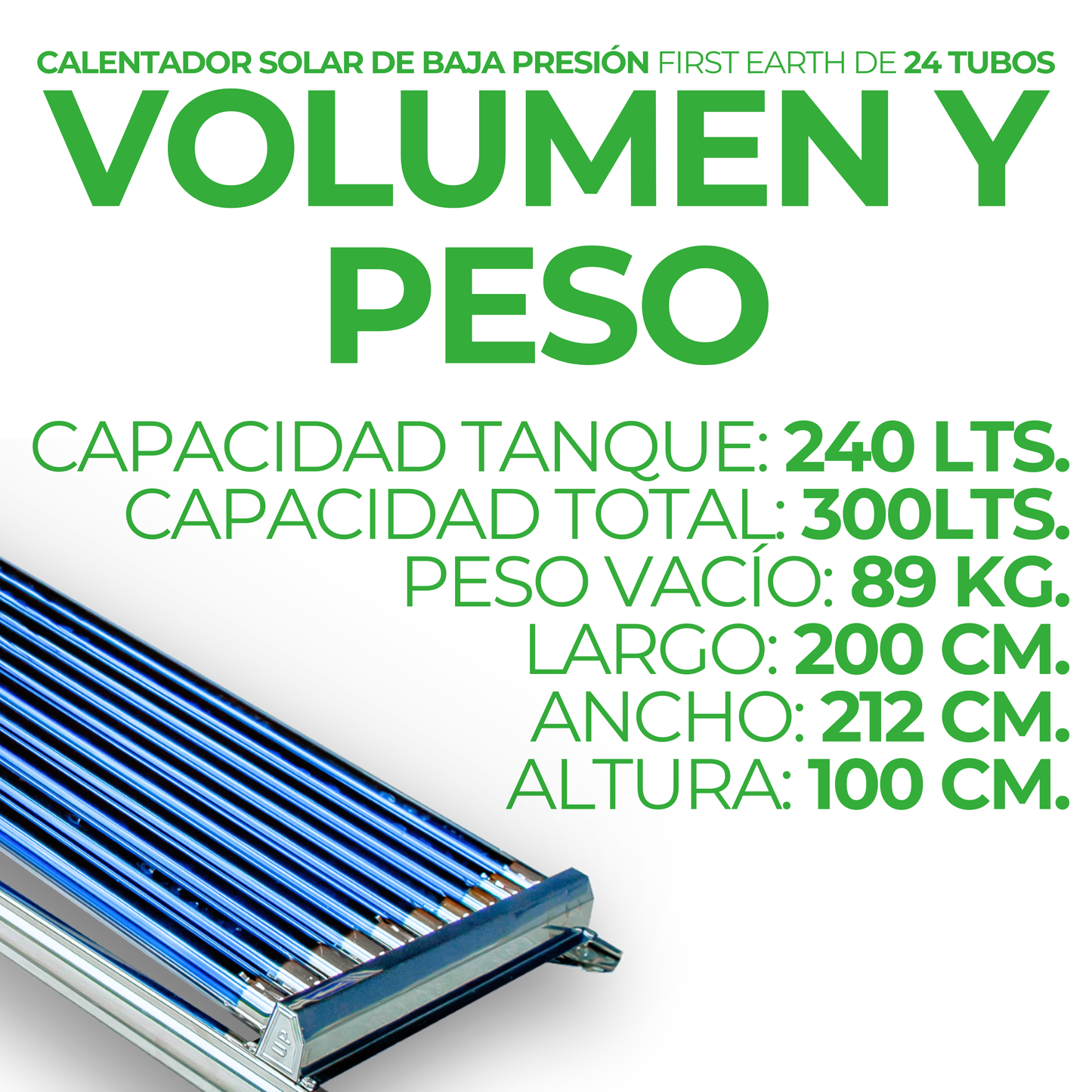First Earth Calentador Solar 300 L Baja Presión (24 tubos) — Agua caliente para hogares