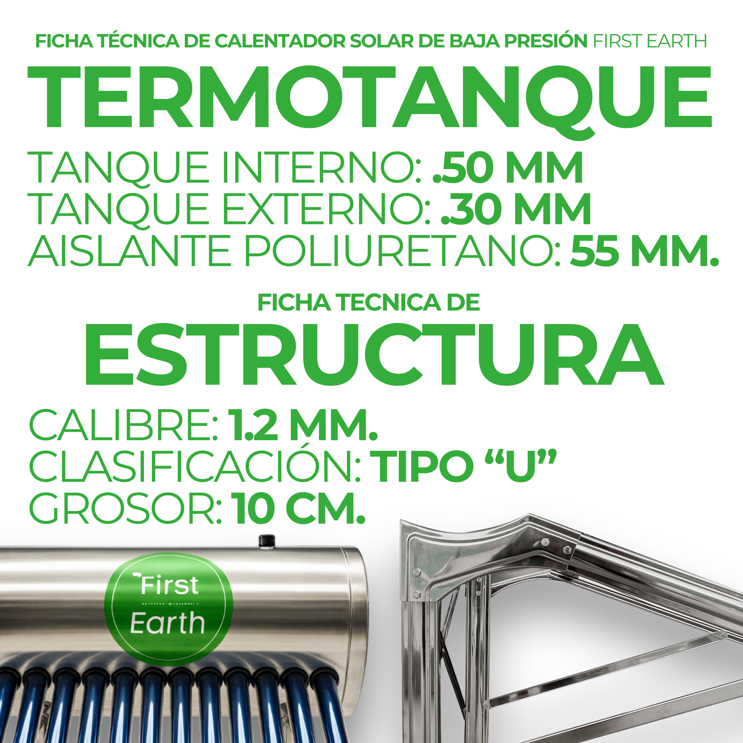 First Earth Calentador Solar 150 L Baja Presión (12 tubos) — Agua caliente para hogares