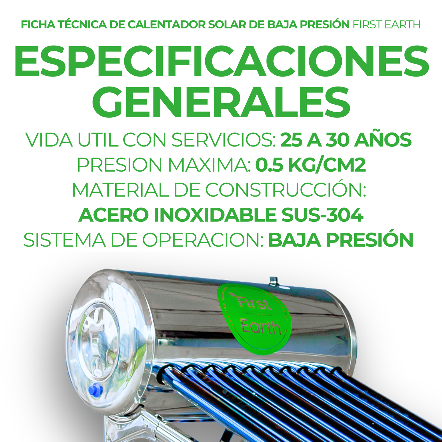 Apartado – Calentador solar First Earth · 15 tubos · $ 5,699