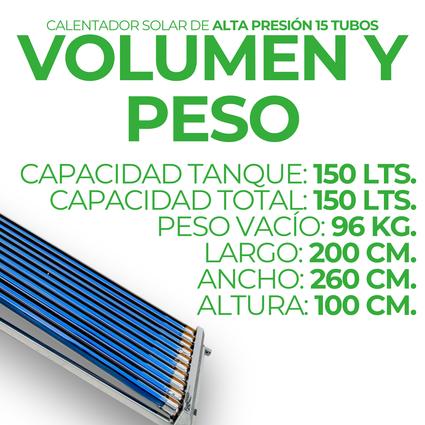 First Earth Calentador Solar 150 L Alta Presión (15 tubos) — Agua caliente para hogares
