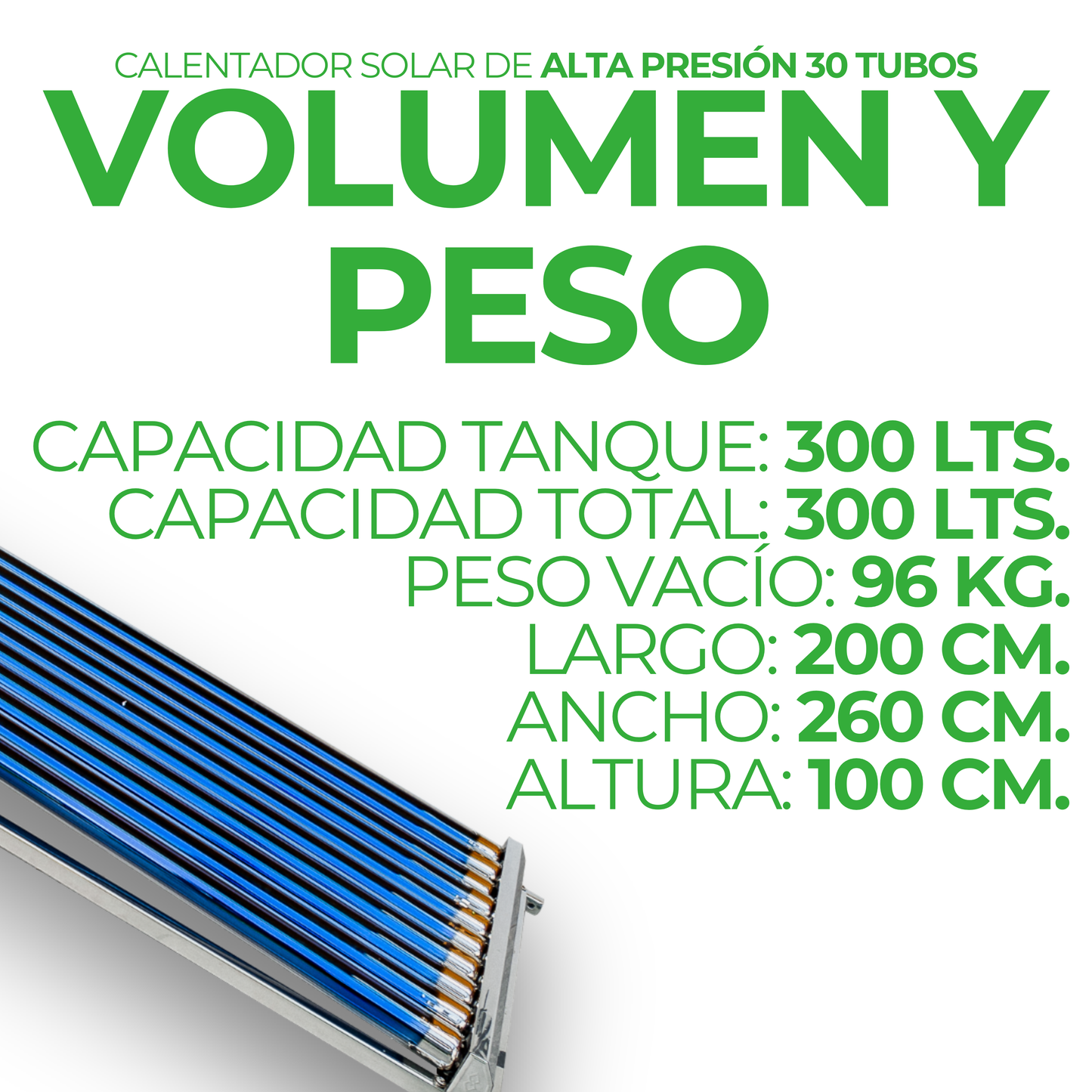 First Earth Calentador Solar 300 L Alta Presión (30 tubos) — Agua caliente para hogares
