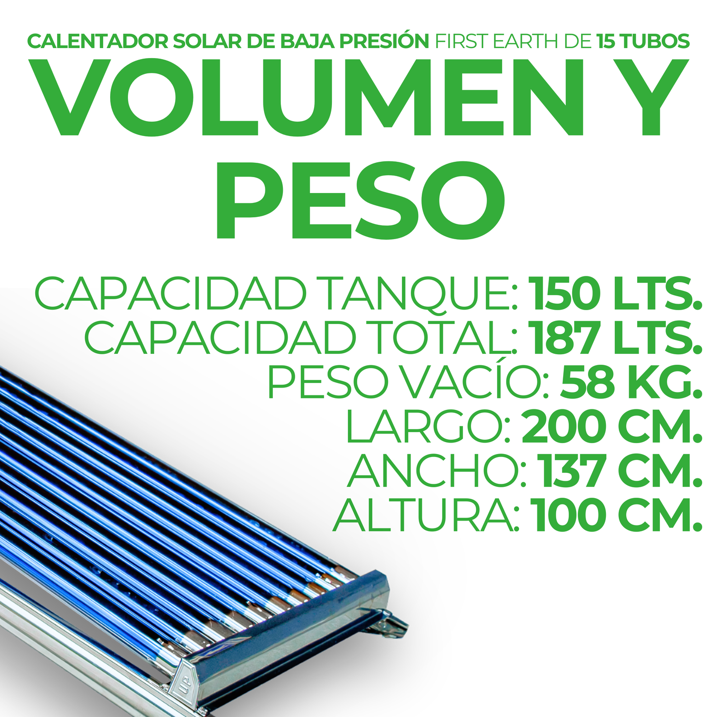 First Earth Calentador Solar 187.5 L Baja Presión (15 tubos) — Agua caliente para hogares